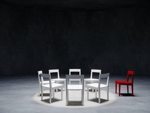one red chair stand out of other white chairs  in the dark room concrete space , 3d rendering