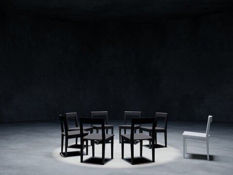 one white chair stand out of other black chairs  in the dark room concrete space , 3d rendering
