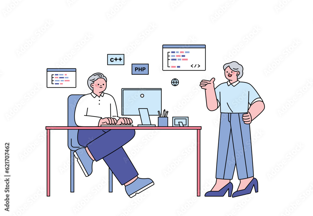 Poster senior lifestyle character. senior developers are having a conversation about coding.