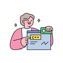 Senior lifestyle character. An elderly developer is programming using a computer language.