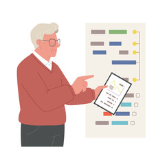 Senior character at work. An old man is coding while looking at a tablet.
