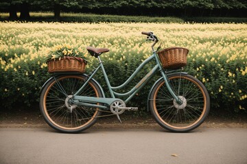 A vintage bike with a basket of fresh daffodils