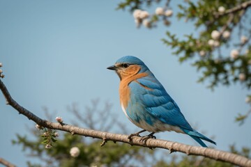 Obraz premium Detail of a bluebird perched on a blooming branch