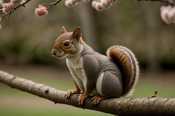 A squirrel gathering nuts in a blooming tree