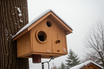 Detail of a snowy birdhouse on a pole