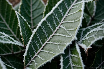 Close-up of a frost-covered holly leaf