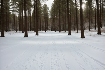 A snow-covered footpath leading into a forest