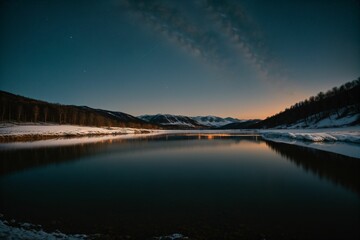 A frozen lake under a starry night