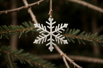Detail of a snowflake on a pine branch