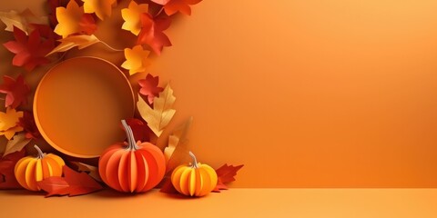  autumn pumpkin and leaves paper craft - obrazy, fototapety, plakaty