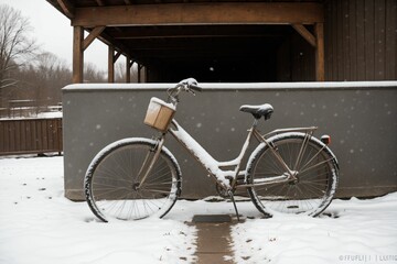 Fototapeta na wymiar Snow on a forgotten bicycle in a yard
