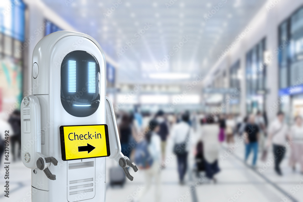 Poster assistant robot with digital screen for check-in at airport
