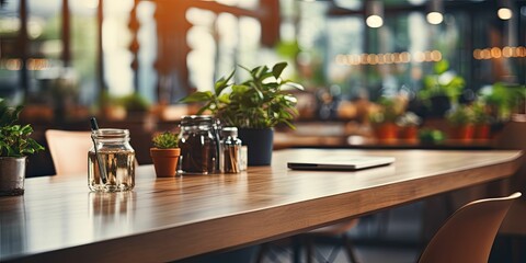 empty table blurred office workplace background
