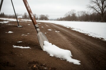 Snow on a rusted garden tool