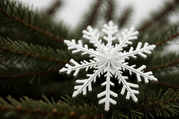 Close-up of a snowflake on a pine needle