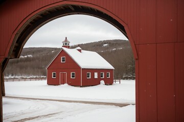 Snow on a red barn roof