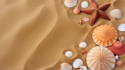 red starfish and shells on the sand with copy space text