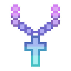 Holographic Rosary with Cross Symbol Icon, Isolated, Pixel Art Style