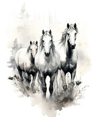 Horses galloping through foggy field. (Illustration, Generative AI)