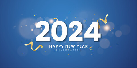 Fototapeta na wymiar Happy New Year 2024 design. festive realistic decoration. Celebrate party 2024 on blue background