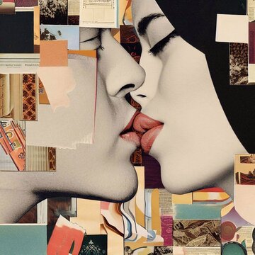 collage illustration depicts a kiss