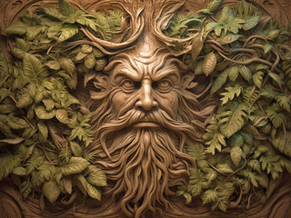 magical living huge tree with the face of an elderly person or a gnome, close-up Generative AI