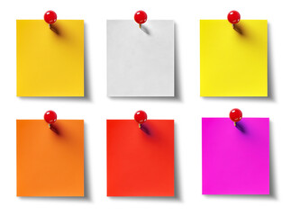 Shaded red pin sticky post-it note paper with shadow . Many assorted different colours isolated on transparent background cutout. PNG file. 3D rendering	
