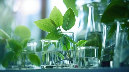 Fototapeta Many green plants in test tubes. Generative AI obraz