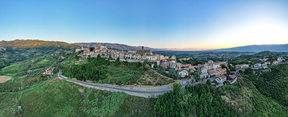 Aerial view of the historic center of Rende (Cosenza) with its skyline of medieval churches....