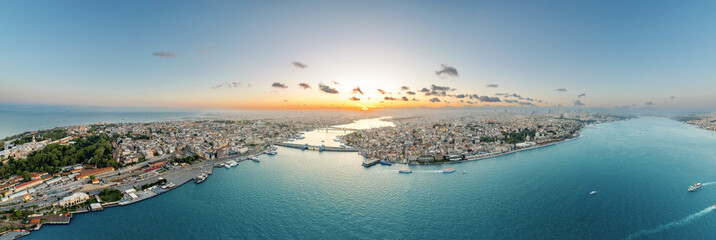 Aerial drone panoramic view of Istanbul at sunset, Turkey