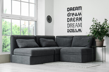 Interior of light living room with cozy grey sofa, houseplant and poster