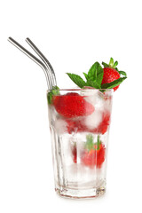 Glass of fresh lemonade with strawberry and mint on white background