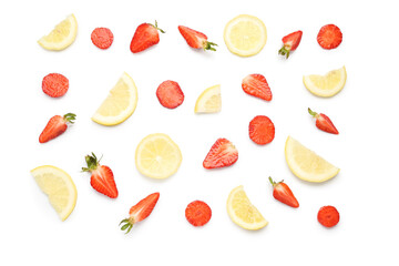 Slices of strawberry and lemon for preparing lemonade on white background