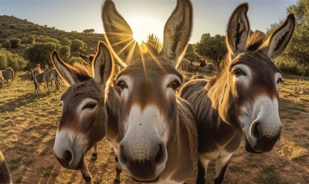 Friendly donkey photobombs a group selfie with a big grin. Creating using generative AI tools