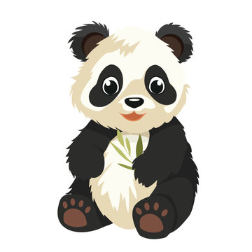 Cute panda bear eating bamboo leaves. Vector illustration isolated on white. Flat cartoon style.