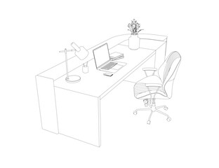 Outline of Contemporary workspace flat vector illustrations set. Contour Office desk or table with office chair and computer. Business interior design elements. Vector illustration..