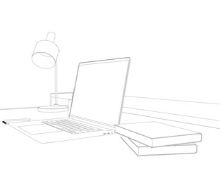 Outline of Contemporary workspace flat vector illustrations set. Contour Office desk or table with office chair and computer. Business interior design elements. Vector illustration..