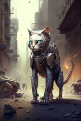 cyborg robot cat on street of destroyed city in a post-apocalyptic war of future. Generative AI illustration