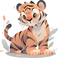 a Cute Tiger Sitting on the Ground with Leaves