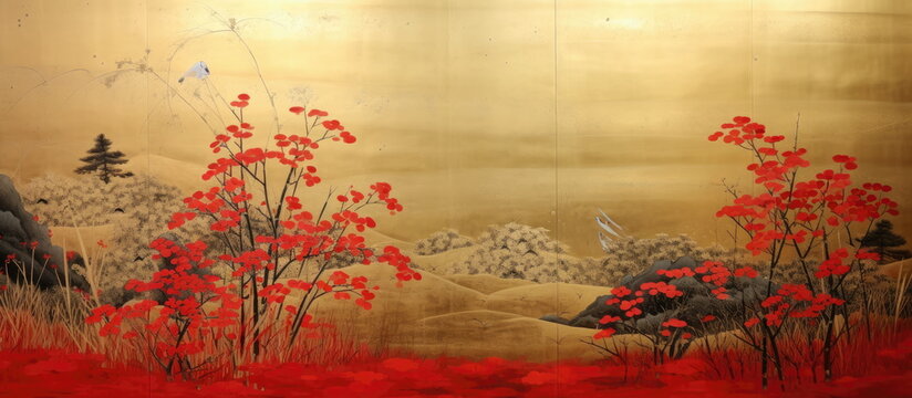 Abstract vintage Japanese calligraphy stroke painting style. lacquer painting. Hand edited generative AI. 