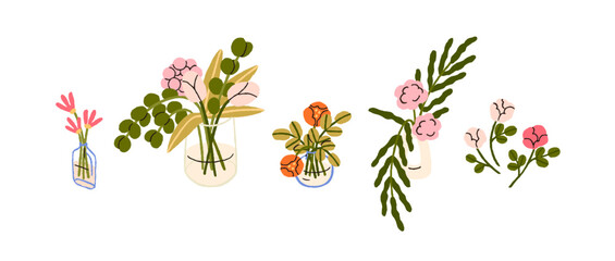 Blossomed flowers and leaf in glass vases set. Fresh floral plants, bouquets, delicate spring and summer blooms bunches. Beautiful gentle posies. Flat vector illustrations isolated on white background