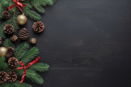 Flat lay table top view over black wood plank with Christmas holiday ornament decoration with copy space. Generative AI