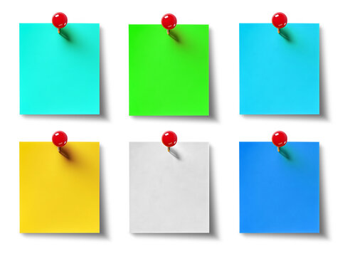 Shaded red pin sticky post-it note paper with shadow . Many assorted different colours isolated on transparent background cutout. PNG file. 3D rendering	
