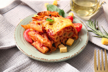 Plate of pasta with tomato sauce and cheese, closeup