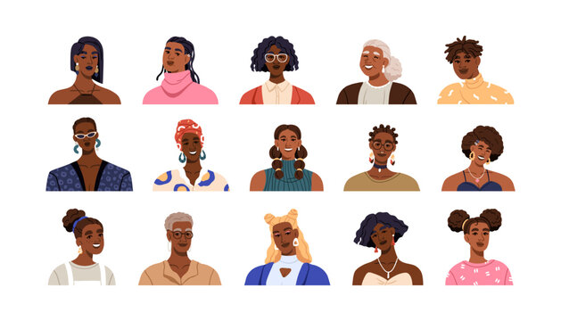Black women, face portraits set. Happy girls of Latin and African American race, ethnicity. Modern stylish smiling female characters avatars. Flat vector illustrations isolated on white background