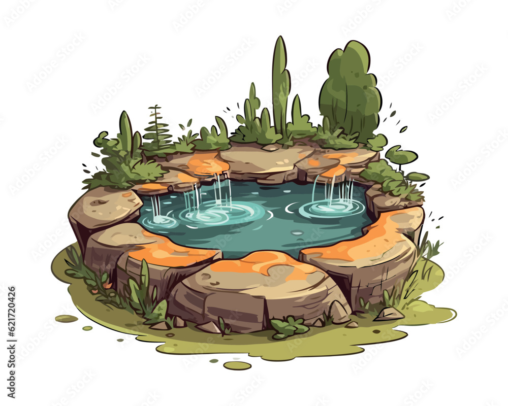 Sticker water spring with plants, isolated design