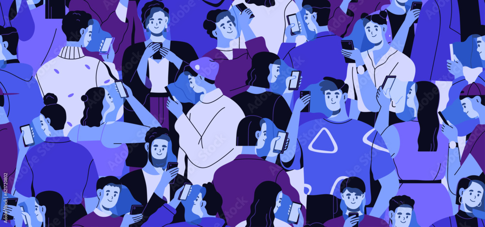 Poster people crowd looking at mobile phones screens, seamless pattern design. happy characters with smartp