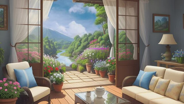 Beautiful and peaceful fantasy landscape background seen from the living room of the house with sofa. Animation with Japanese anime or cartoon style that repeats continuously.