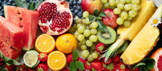 Naklejka na ściany i meble Fresh fruits. Juicy fruits variety natural nutrition.