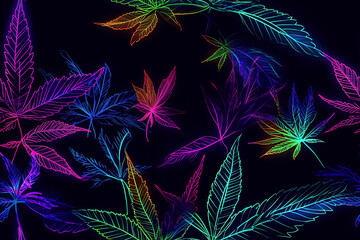 Seamless pattern with cannabis marijuana leaves in neon colors. Dark background with hemp weed leaf. Generative AI - obrazy, fototapety, plakaty